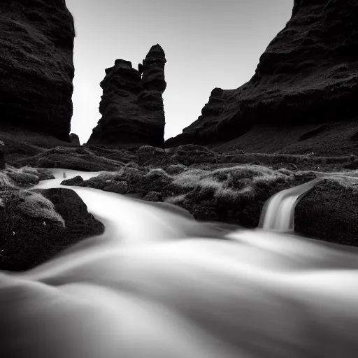 Image similar to minimalist black and white photograph of an icelandic valley, time exposure, of a river, sharp tall pillars, sharp rocks