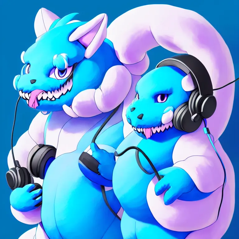 Image similar to a chubby anthropomorphic male blue dragon fursona, blue bubble gum, headphones on his head, cute, furry, beautiful, soft colors, oil on canvas, soft lighting