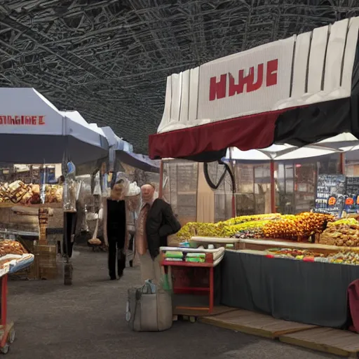 Image similar to a scene of a market stall at a trade show from the film a minority report taken from a distance, cinematic, dslr, unreal engine, hyper realistic