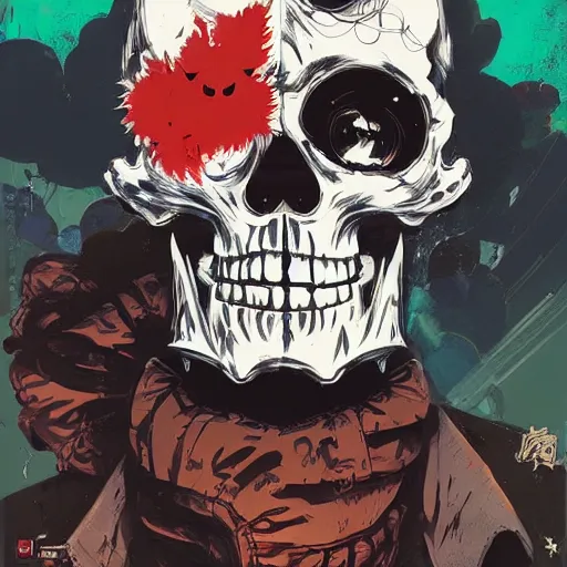 Image similar to delirium anime skull face portrait by petros afshar, tom whalen, laurie greasley, war face by greg rutkowski