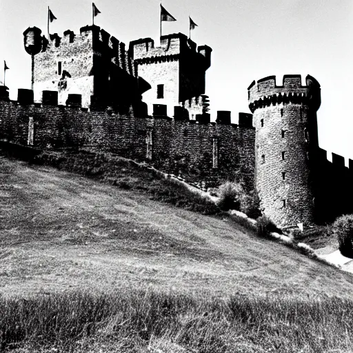 Prompt: a medieval castle on a hill, surrounded by renaissance era fortress walls, surrounded by barbed wire and trenches, black and white photography, 3 5 mm film