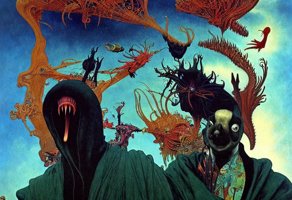 Image similar to realistic detailed portrait movie shot of a birdman wearing black robes, sci fi landscape background by denis villeneuve, amano, yves tanguy, alphonse mucha, ernst haeckel, max ernst, roger dean, masterpiece, rich moody colours, snarling dog teeth, blue eyes