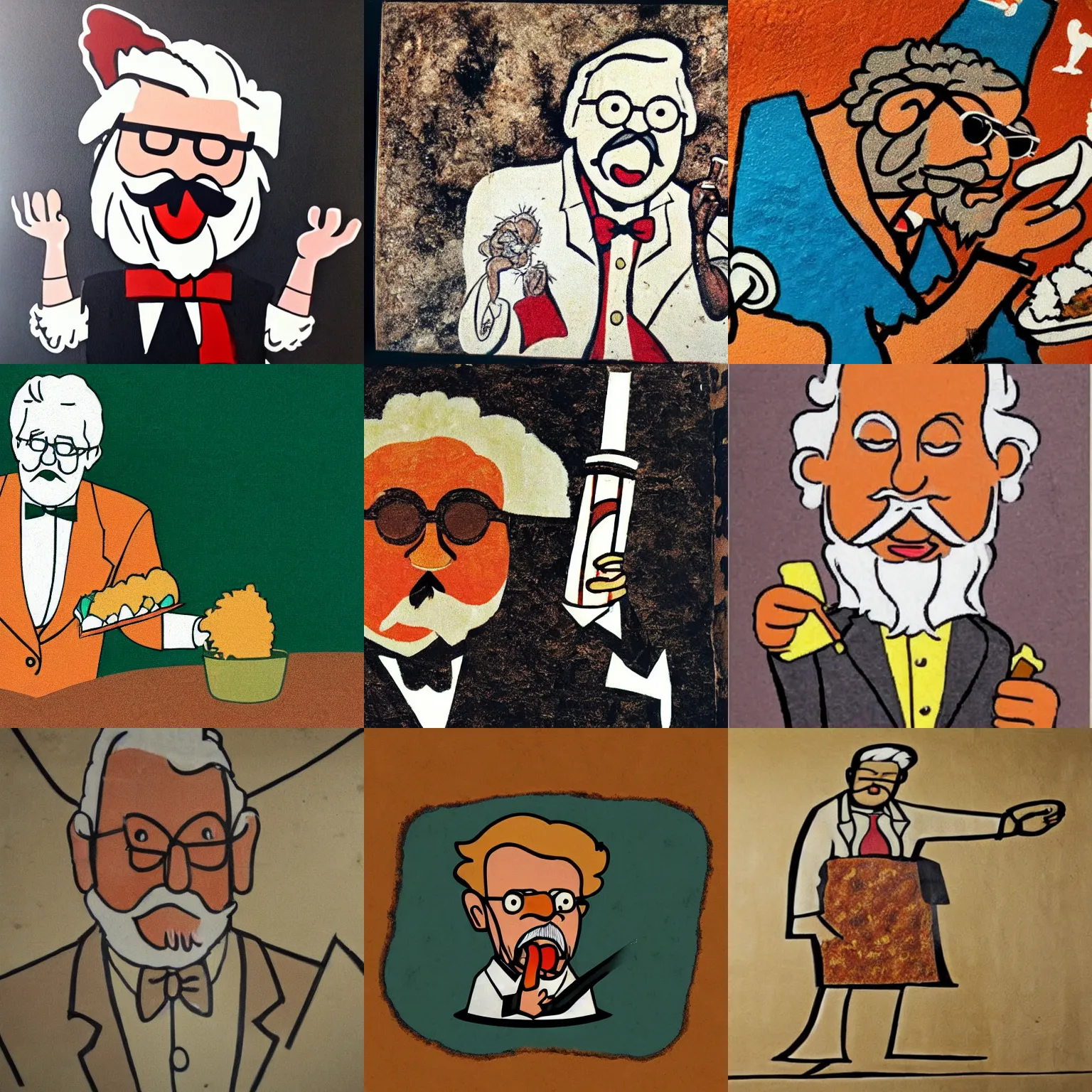 Prompt: ancient cave painting of colonel sanders eating fried chicken
