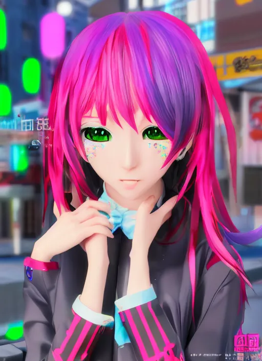 Image similar to anime, vrchat, secondlife, imvu, 3 d model of a girl wearing harajuku colorful clothes, pop colors, kawaii hq render, detailed textures, artstationhd, booth. pm, highly detailed attributes and atmosphere, dim volumetric cinematic lighting, hd, unity unreal engine