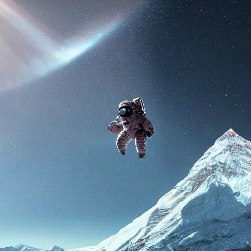 Image similar to a matte painting of an astronaut falling from Mt. Everest into a lake of stars, 4K