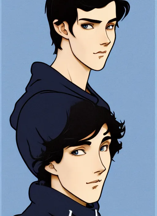 Image similar to well - lit art nouveau portrait of a young man with short black hair, very light blue eyes, pale skin, serious expression, jeans, black hoodie, eating a slice of plain wholegrain bread, natural lighting, path traced, highly detailed, high quality, cartoon, digital painting, by don bluth and ross tran and studio ghibli and alphonse mucha