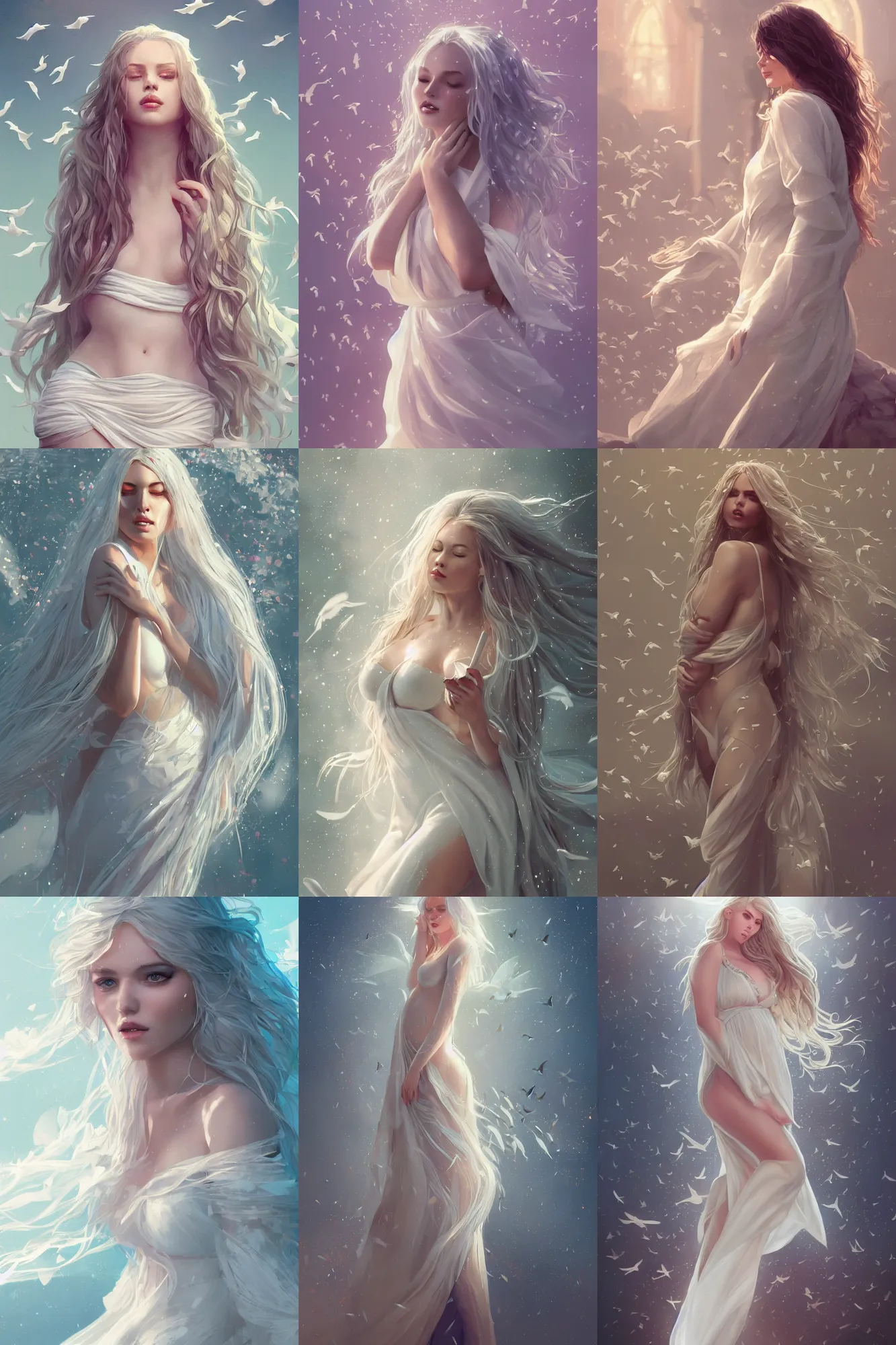 Image similar to A beautiful woman with curvaceous body and long white hair, surrounded by white doves, wearing a long flowy fabric, cinematic lighting, soft bokeh, sci-fi, modern, colourful, highly detailed, digital painting, artstation, concept art, sharp focus, illustration, by WLOP