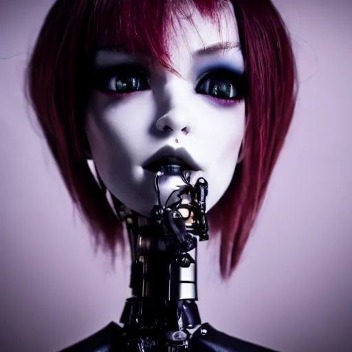 Image similar to lovely realistic robotic high end vampire fashion doll and accessories, on a table under a lamp light shining down over it like a spot light, god rays, dust particles, photorealistic, aesthetic shot, worms eye view, macro camera lens, high definition, thematic, cinematic, lens flare