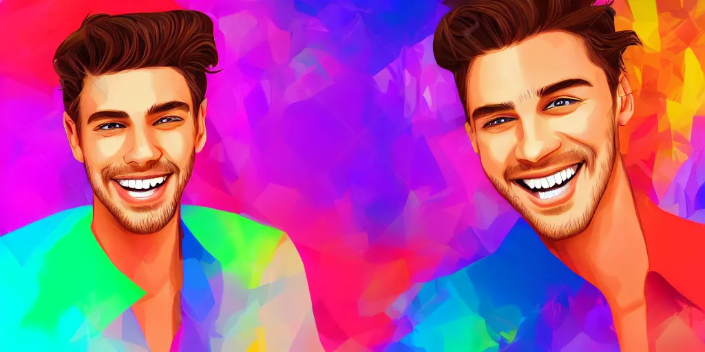 Image similar to most handsome beautiful young man smiling, digital art, colourful background, digital art, seductive.