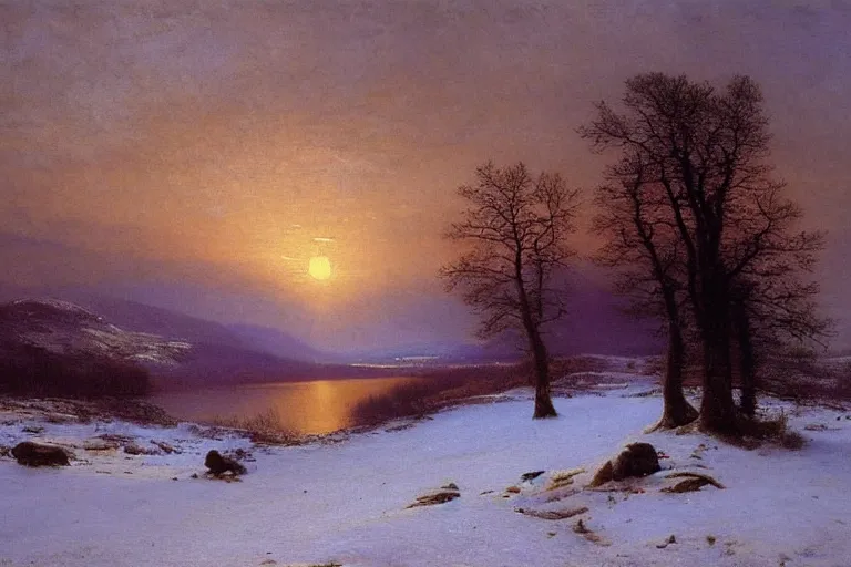 Prompt: a beautiful oil painting of a Scottish Highland winter landscape, evening light, by Albert Bierstadt, beautiful light, detailed, dramatic