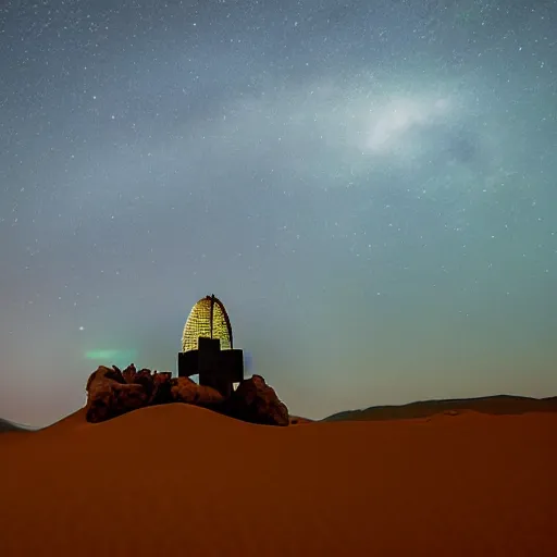 Image similar to a james turret sculpture in the middle of a desert at night,