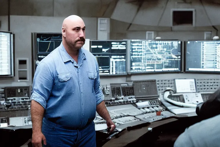 Image similar to heavyset bald man wearing a white shortsleeved shirt and blue jeans working in a nuclear silo control room by Roger Deakins