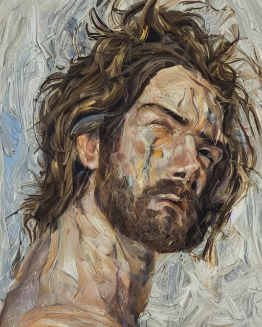 Image similar to a close up portrait of jesus, low angle, facing front, looking up, by Lucian Freud and Jenny Saville, oil painting, anatomically correct, beautiful perfect face, visible brushstrokes, sharp focus, Highly Detailed, Cinematic Lighting, 8k, HD