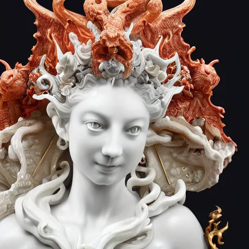 Image similar to a closeup photo, rococo alabaster and ruby real delicate ceramic porcelain sculpture of an ornate detailed dragon god in front of an intricate background by rafael, micro detail, backlit lighting, subsurface scattering, translucent, thin porcelain, fire, flames, amber, octane renderer, colorful, physically based rendering, trending on cgsociety