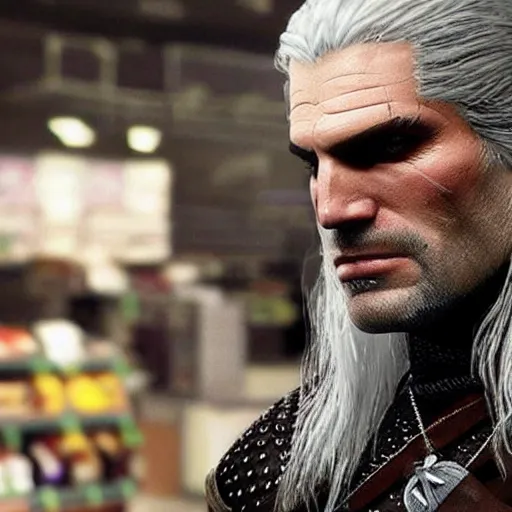 Prompt: geralt the witcher, in supermarket, hyper realistic