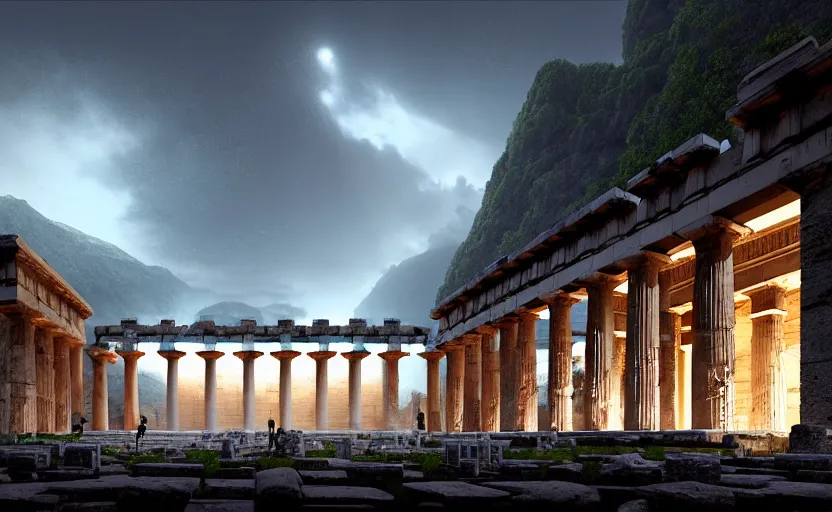 Image similar to exterior shot of utopian train station on in the middle of an ancient greek temple hill with cinematic lighting by peter zumthor and renzo piano, darek zabrocki and greg ruthkowski, simon stalenhag, cinematic, holy place, paradise, scifi, futurism, atmospheric, concept art, artstation, trending on artstation