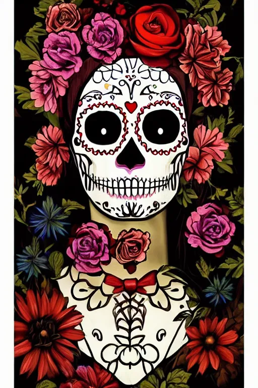 Prompt: illustration of a sugar skull day of the dead girl, art by caravaggio