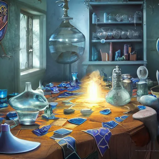 Image similar to hyper real, table, wizards laboratory, lisa parker, tony sart, mortar, pestle, scales, energy flowing, magic book, beakers of colored liquid