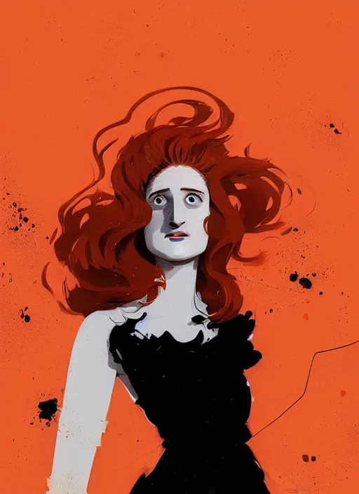 Image similar to highly detailed closeup portrait of beautiful grace gummer as dom dipierro, wavy ginger hair, black dress, by atey ghailan, by greg rutkowski, by greg tocchini, by james gilleard, by joe fenton, by kaethe butcher, gradient orange, black and white color scheme, grunge aesthetic!!! ( ( graffiti tag wall background ) )