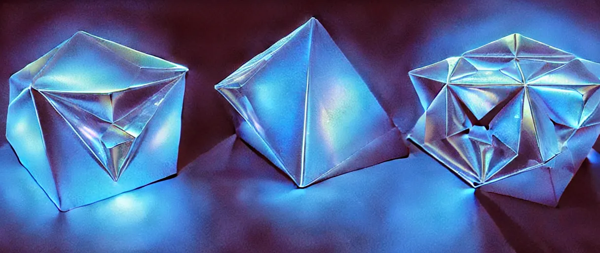 Image similar to hyperrealistic highly detailed Kepler's Platonic solid model sacred iridescent in motion escher dali matte painting dramatic blue lighting wide angle hd 8k sharp shallow depth of field