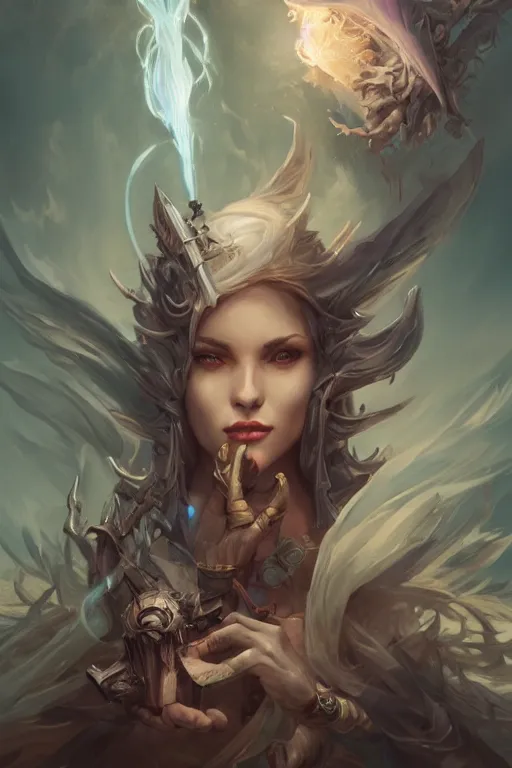 Image similar to beautiful girl necromancer full of sculls, wizard of the coast casting magic spell, angel, magic storm and thunder clouds, scifi, fantasy, magic the gathering, hyper detailed, octane render, concept art, 3 d render, hyper realistic detailed portrait, peter mohrbacher