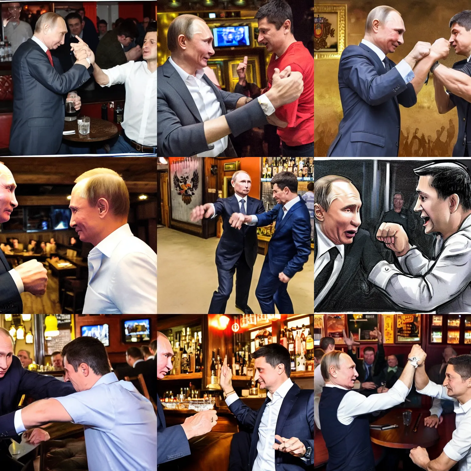 Prompt: vladimir putin and Volodymyr Zelensky fight in a bar, photorealistic