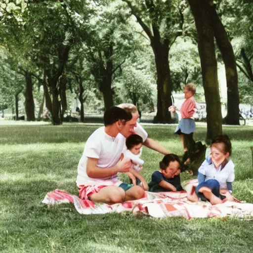 Prompt: A family having a picnic in park from the perspective of an ant on the table - 35mm