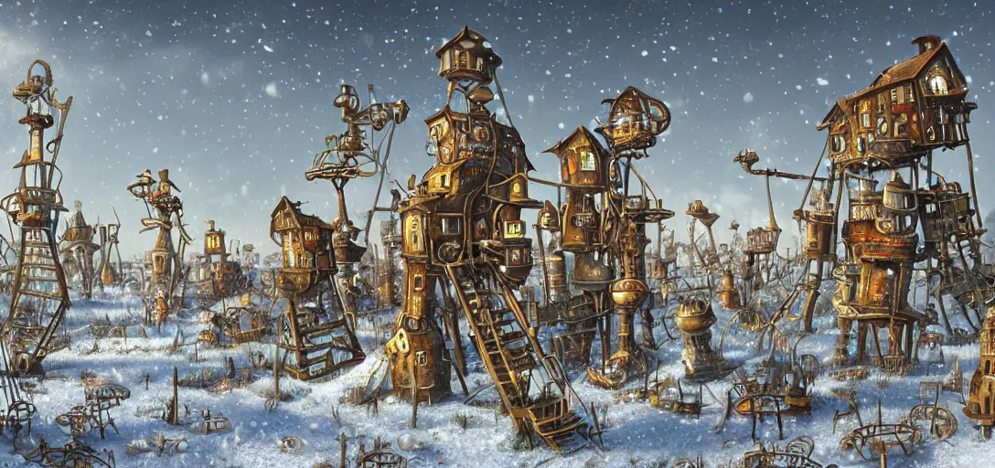 Image similar to a steampunk village on tall stilts in a snowy field, blizzard, by Naoto Hattori,