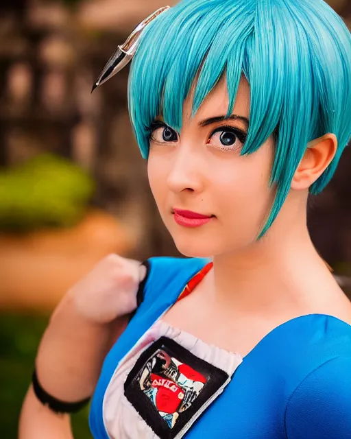 Image similar to Beautiful close highly detailed portrait of a Bulma from DBZ cosplayer in her iconic signature main outfit. Award-winning photography. XF IQ4, 150MP, 50mm, f/1.4, ISO 200, 1/160s, natural light, rule of thirds, symmetrical balance, depth layering, polarizing filter, Sense of Depth, AI enhanced