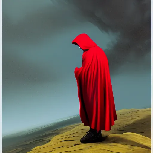 Image similar to the red hooded monk, side profile, trending on artstation, 8 k, by gerard brom and zdzisław beksinski