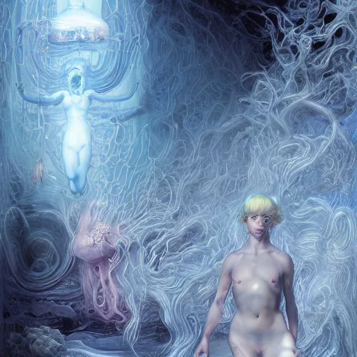 Prompt: blonde suspended weightless in water inside glass tank. * * * wearing light blue complex hyperdetailed technical suit. white hair flowing. reflection. rays and dispersion of light. volumetric light. 5 0 mm, f / 3 2. noise film photo. ultra realistic, wide angle. wayne barlowe, hajime sorayama aaron horkey, craig mullins
