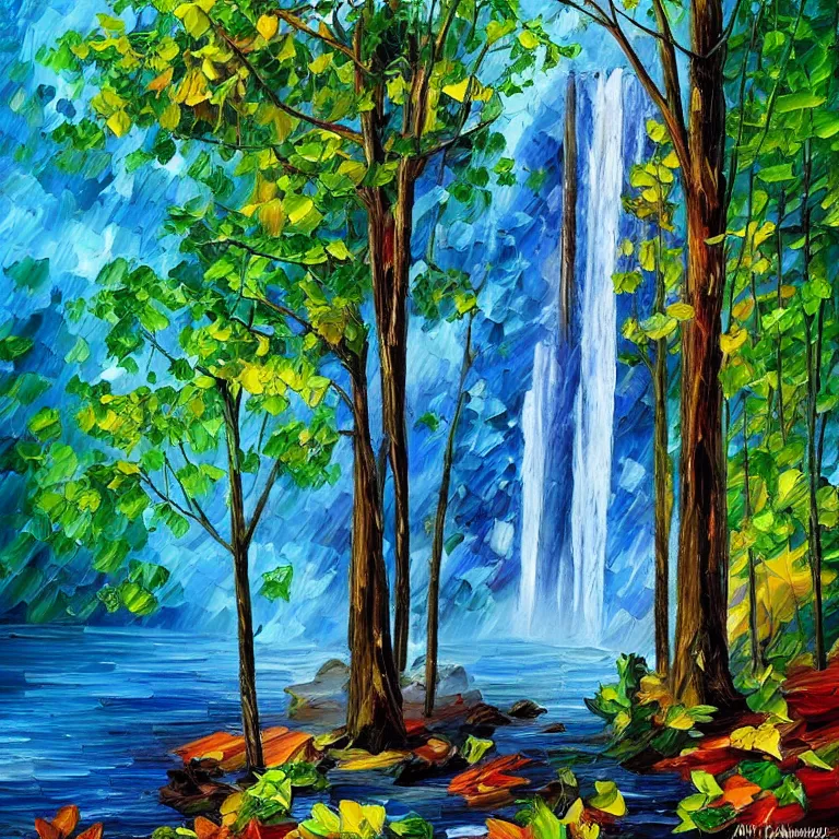 Image similar to A beautiful oil painting of a very tall waterfall on a very rocky cliff, in the middle of a huge forest of trees with bright blue glowing leaves, by Afremov