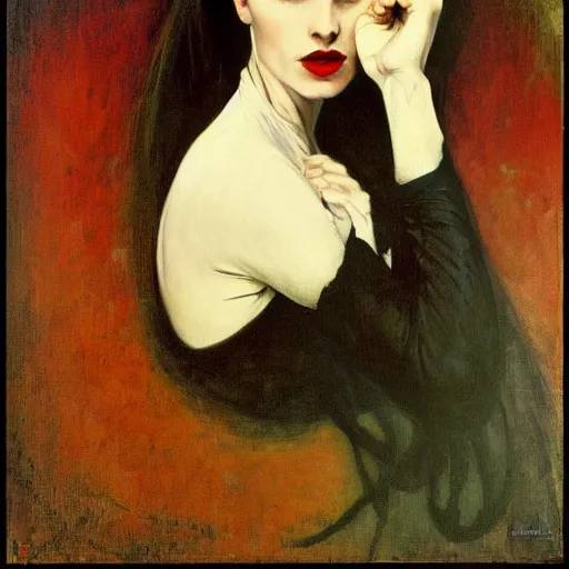 Image similar to A beautiful painting of a lady vampire, victorian, dracula, ominous, oil on canvas, photorealism, edvard munch, alphonse mucha, Johann Heinrich Füssli, irwin penn, high definition, soft light