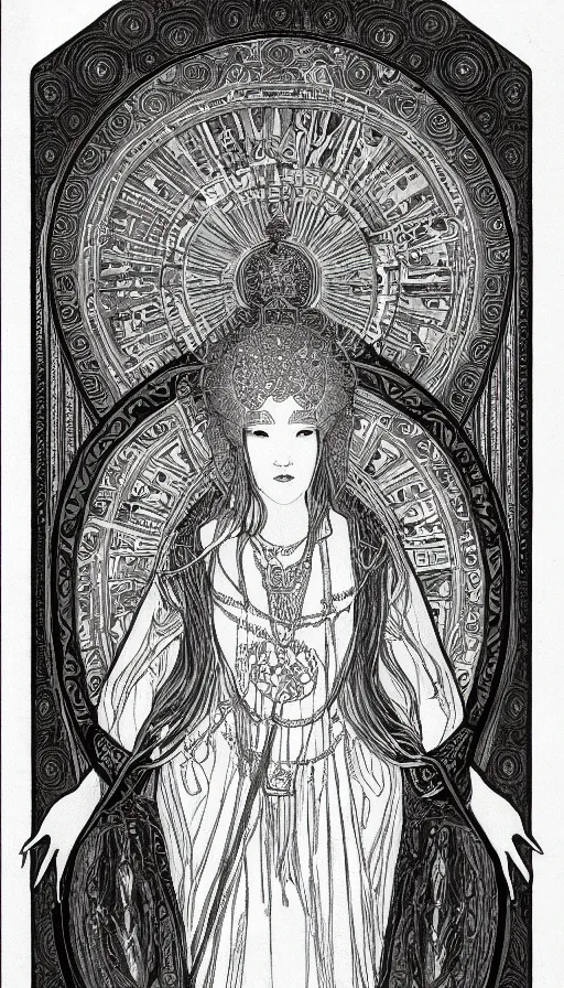 Image similar to yoon young as the high priestess, tarot design, by mucha, black and white graphite drawing, smooth render