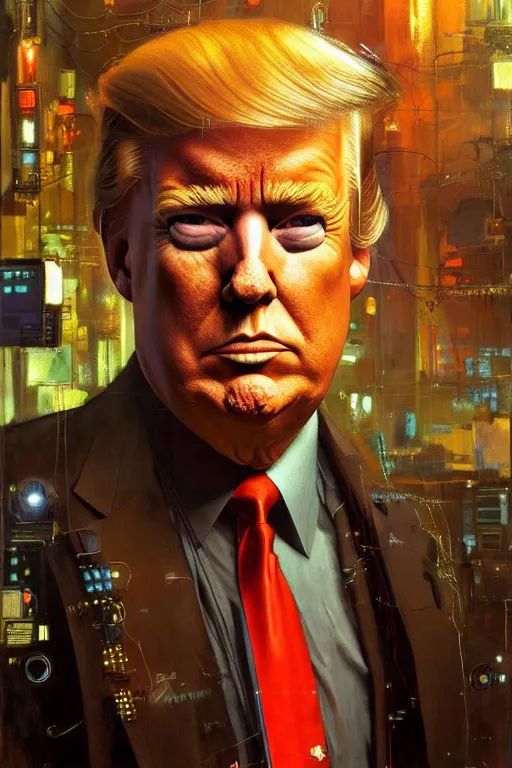 Image similar to hyperrealist cyberpunk portrait of donald j trump, it is decorated with long computer wires and computer monitors in the cyberpunk office background. by jeremy mann and alphonse mucha, fantasy art, photo realistic, dynamic lighting, artstation, poster, volumetric lighting, very detailed faces, 4 k, award winning