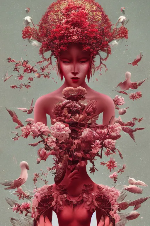 Image similar to breathtaking detailed red gardian mao baby in glace sphere free thibet concept art painting art deco pattern of birds goddesses amalmation flowers, by hsiao ron cheng, tetsuya ichida, bizarre compositions, exquisite detail, extremely moody lighting, 8 k