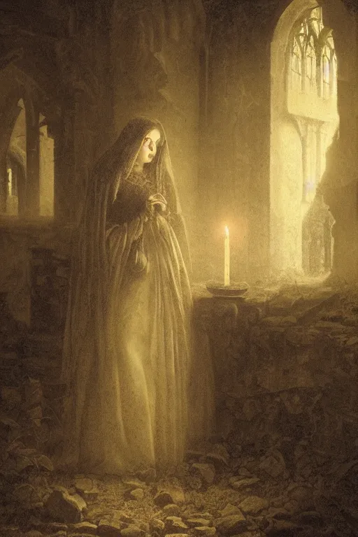 Prompt: baroque gothic woman lit by a single candle, inside a ruined abbey, gustave dore, 4 k resolution, concept art, mist, autumnal, chiaroscuro,