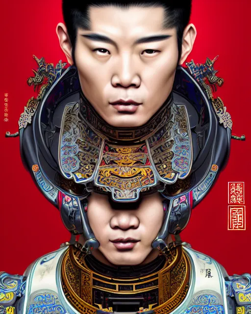 Image similar to portrait of a chinese masculine male cyberpunk machine, machine face, upper half portrait, decorated with chinese opera motifs, muscular, asian, fine china, wuxia, traditional chinese art intricate intense elegant 京 剧 highly detailed symmetry headpiece digital painting artstation concept art smooth sharp focus illustration, art by artgerm and greg rutkowski alphonse mucha 8 k