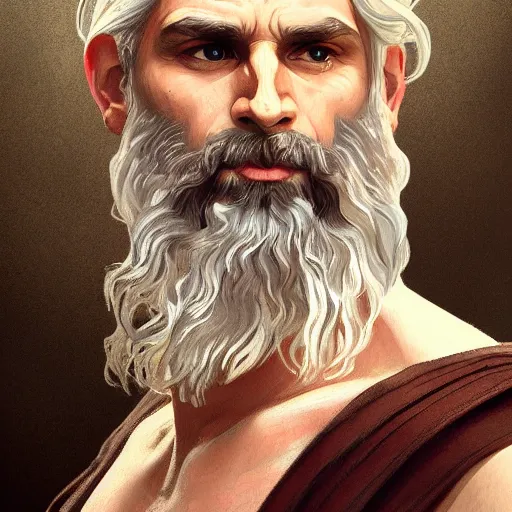 Image similar to painted portrait of rugged zeus, greek god, 4 0 years old, handsome, white hair, soft hair, upper body, muscular, hairy torso, fantasy, intricate, elegant, highly detailed, digital painting, artstation, concept art, smooth, sharp focus, illustration, art by alphonse mucha