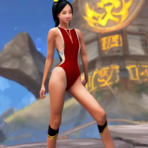 Prompt: a young gorgeous Chinese woman wearing sport racing competitive one piece swimsuit leotard, worksafe, 3D CG cutscene in World of Warcraft
