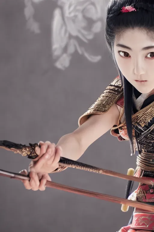 Image similar to highly detailed beautiful photo of a young female samurai, practising sword stances in a temple, symmetrical face, beautiful eyes, realistic anime art style, 8 k, award winning photo, pastels, action photography, 1 / 1 2 5 shutter speed, dramatic lighting