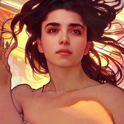 Image similar to painting ricardo milos. cheerful. happy. art by artgerm and greg rutkowski and alphonse mucha. during golden hour. extremely detailed. beautiful. 4 k. award winning.