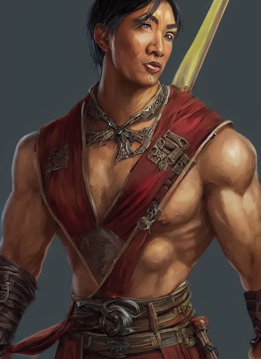 Image similar to muscly asian man mid parted hair, dndbeyond, bright, colourful, realistic, dnd character portrait, full body, pathfinder, pinterest, art by ralph horsley, dnd, rpg, lotr game design fanart by concept art, behance hd, artstation, deviantart, hdr render in unreal engine 5