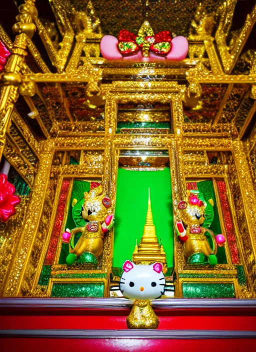 Image similar to emerald buddha temple with hello kitty theme, high lights, 4 k, high detailed photography, 5 0 mm lens, depth of field, cinematic