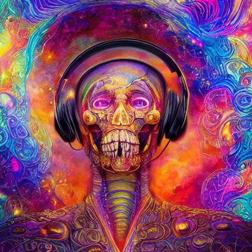 Image similar to portrait of a fantasycore glitchcore deformed skull wearing headphones. intricate abstract. intricate artwork. celestial. prismatic, by josephine wall, pixar, ghibli. octane render, CGSociety very coherent symmetrical artwork. cinematic, hyper realism, high detail, octane render, 8k, holographic accents