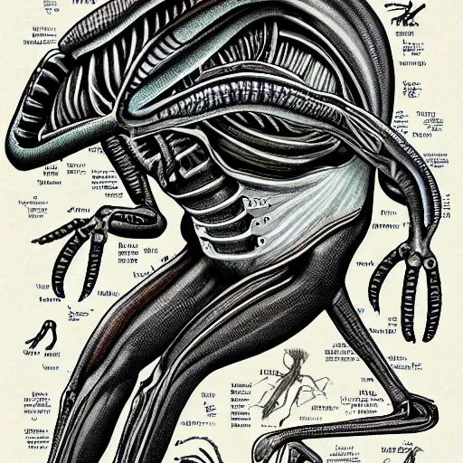 Image similar to alien anatomy Book, detailed, diagrams, high definition illustration