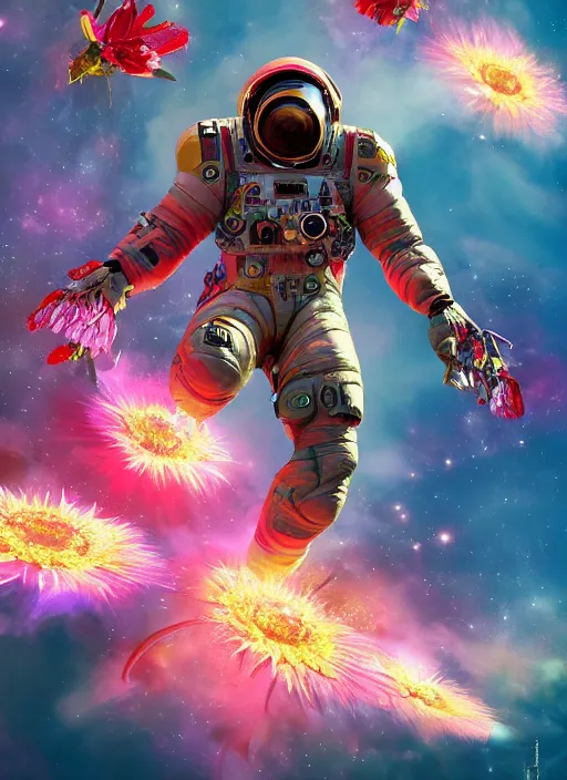 Image similar to An epic fantastic realism comic book style painting of the most beautiful flowers launched into space, bouquets, lens flare, fisheye lens, unreal 5, DAZ, hyperrealistic, octane render, dynamic lighting