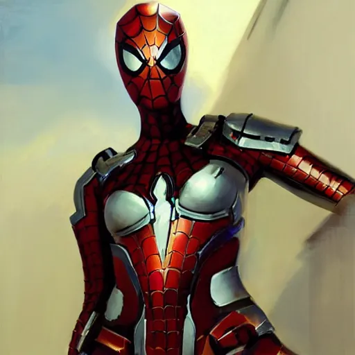 Image similar to greg manchess portrait painting of partially armored female iron spiderman as overwatch character, medium shot, asymmetrical, profile picture, organic painting, sunny day, matte painting, bold shapes, hard edges, street art, trending on artstation, by huang guangjian, gil elvgren, ruan jia, greg rutkowski, gaston bussiere