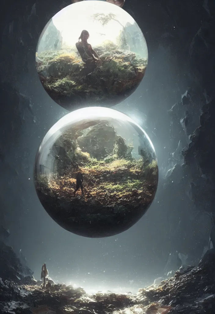 Image similar to a tiny world inside a crystal ball by greg rutkowski, sung choi, mitchell mohrhauser, maciej kuciara, johnson ting, maxim verehin, peter konig, 8 k photorealistic, cinematic lighting, hd, high details, dramatic, dark atmosphere, trending on artstation