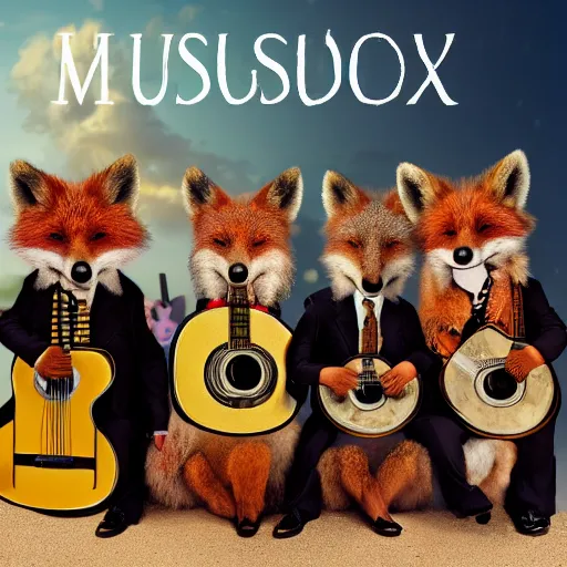 Image similar to photorealistic music album cover, with foxes animals dressed in suits, holding guitars, on a beach, all looking at camera, studio lighting, award winning photograph, 8 5 mm f / 1. 4